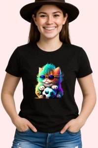 Tricou Pisica curcubeu cu minge si efecte luminoase Copii | Dama | Barbat, culoare negru - Img 3