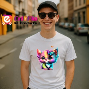 Tricou Pisica curcubeu cu ochi mari si fluture roz Copii | Dama | Barbat - Img 5