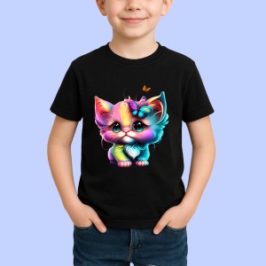 Tricou Pisica curcubeu cu ochi mari si fluture roz Copii | Dama | Barbat, culoare negru - Img 4