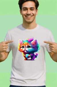 Tricou Pisica curcubeu desen stil pop art cu ochi mari Copii | Dama | Barbat - Img 2
