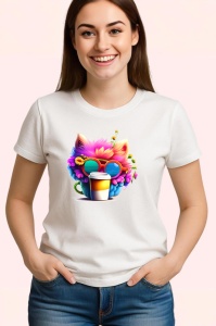 Tricou Pisica curcubeu in cana galbena cu flori in par Copii | Dama | Barbat