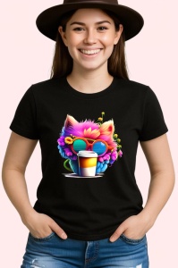 Tricou Pisica curcubeu in cana galbena cu flori in par Copii | Dama | Barbat, culoare negru - Img 3