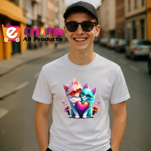 Tricou Pisica curcubeu pe luna aurie si flori fundal alb Copii | Dama | Barbat