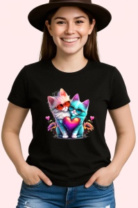 Tricou Pisica curcubeu pe luna aurie si flori fundal alb Copii | Dama | Barbat, culoare negru - Img 3