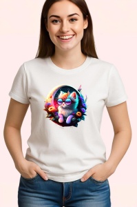 Tricou Pisica curcubeu pe luna cu ochelari si flori fundal alb Copii | Dama | Barbat - Img 3