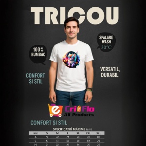 Tricou Pisica curcubeu pe luna cu ochelari si flori fundal alb Copii | Dama | Barbat - Img 6