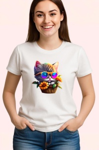 Tricou Pisica gri cu ochelari roz si floare galbena Copii | Dama | Barbat - Img 3