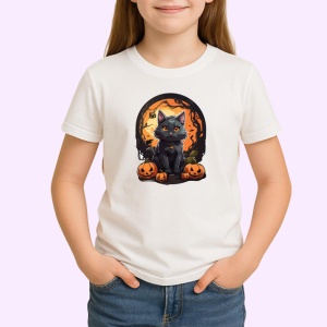 Tricou Pisica Gri Halloween Dovleci Luna Plina, din bumbac 100% , tricou alb pentru Copii | Dama | Barbat - Img 2