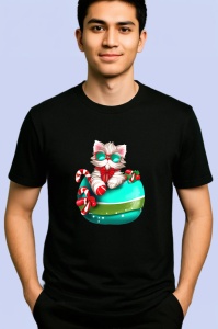 Tricou Pisica in cana decorata cu baston si fundita Craciun Copii | Dama | Barbat, culoare negru - Img 2