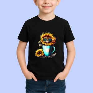 Tricou Pisica in cana galbena cu floarea soarelui si ochelari Copii | Dama | Barbat, culoare negru - Img 4