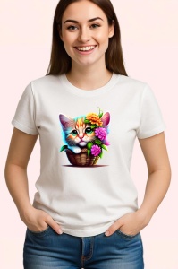 Tricou Pisica in cos cu flori imagine adorabila si vesela Copii | Dama | Barbat - Img 3