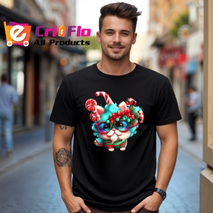 Tricou Pisica in pijama Craciun cu baston si decoratii Copii | Dama | Barbat, culoare negru - Img 5