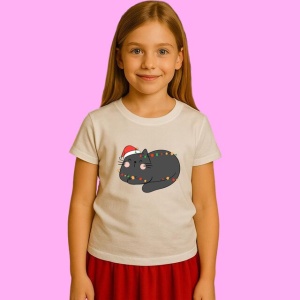 Tricou Pisica Neagra Cu Instalatie De Craciun, din bumbac 100%, tricou alb, Copii | Dama | Barbat