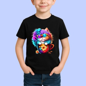Tricou Pisica pufoasa cu flori si cana rosie Copii | Dama | Barbat, culoare negru - Img 4