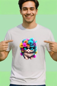 Tricou Pisica pufoasa cu ochelari mari si flori colorate Copii | Dama | Barbat - Img 2