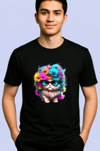 Tricou Pisica pufoasa cu ochelari mari si flori colorate Copii | Dama | Barbat, culoare negru - Img 2