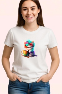 Tricou Pisica pufoasa cu ochelari si cana portocalie Copii | Dama | Barbat - Img 3
