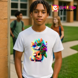 Tricou Pisica roz cu chitara galbena si flori portocalii Copii | Dama | Barbat - Img 5