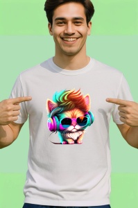 Tricou Pisica stil disco cu ochelari mari si casti colorate Copii | Dama | Barbat - Img 2