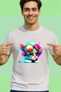Tricou Pisica techno cu ochelari roz si casti mov Copii | Dama | Barbat - Img 2