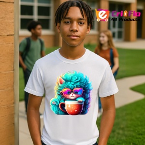 Tricou Pisica turcoaz cu ochelari si cana rosie fundal alb Copii | Dama | Barbat - Img 5