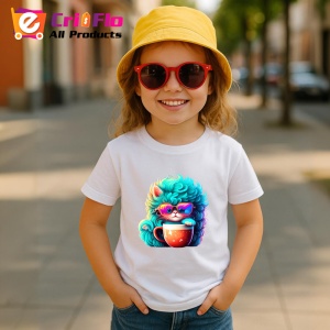Tricou Pisica turcoaz cu ochelari si cana rosie fundal alb Copii | Dama | Barbat - Img 11
