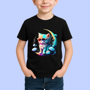 Tricou Pisica turcoaz pe luna aurie cu ochelari fundal alb Copii | Dama | Barbat, culoare negru - Img 4