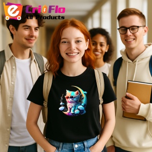 Tricou Pisica turcoaz pe luna aurie cu ochelari fundal alb Copii | Dama | Barbat, culoare negru - Img 8