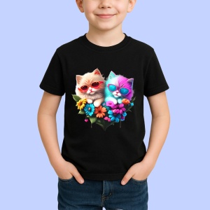 Tricou Pisici indragostite cu ochelari si inima roz violet Copii | Dama | Barbat, culoare negru - Img 3
