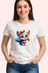Tricou Pisicuta albastra cu fundita si fluture portocaliu Copii | Dama | Barbat - Img 3