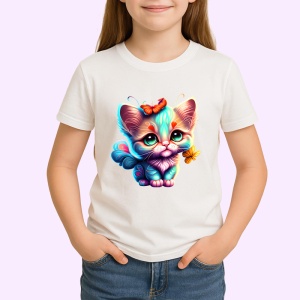 Tricou Pisicuta albastra cu fundita si fluture portocaliu Copii | Dama | Barbat