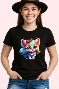 Tricou Pisicuta albastra cu fundita si fluture portocaliu Copii | Dama | Barbat, culoare negru - Img 3