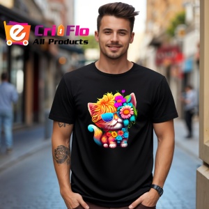 Tricou Pisicuta colorata cu flori si chitara turcoaz Copii | Dama | Barbat, culoare negru - Img 6