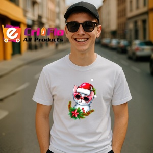 Tricou Pisicuta Craciun cu fundal alb si ochelari mari Copii | Dama | Barbat - Img 5