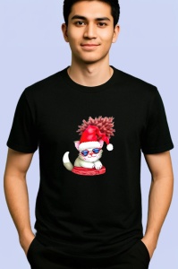 Tricou Pisicuta cu caciula pufoasa si fular rosu Copii | Dama | Barbat, culoare negru - Img 2