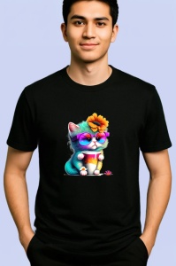 Tricou Pisicuta cu floare in par si cana curcubeu Copii | Dama | Barbat, culoare negru - Img 2