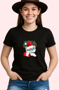 Tricou Pisicuta cu fundita verde si caciula Craciun moderna Copii | Dama | Barbat, culoare negru - Img 3
