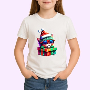 Tricou Pisicuta cu ochelari si cadou Craciun fundal negru Copii | Dama | Barbat - Img 4
