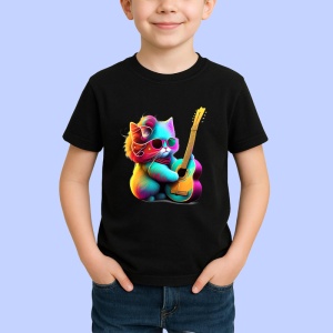 Tricou Pisicuta curcubeu cu chitara fundal alb Copii | Dama | Barbat, culoare negru - Img 4