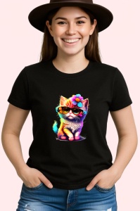 Tricou Pisicuta curcubeu cu floare si fundal alb Copii | Dama | Barbat, culoare negru - Img 3