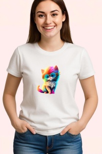 Tricou Pisicuta curcubeu cu fundal negru si ochelari rotunzi Copii | Dama | Barbat - Img 3