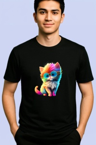 Tricou Pisicuta curcubeu cu fundal negru si ochelari rotunzi Copii | Dama | Barbat, culoare negru - Img 2