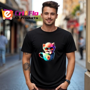 Tricou Pisicuta in cana albastra cu ochelari fundal albastru Copii | Dama | Barbat, culoare negru - Img 6