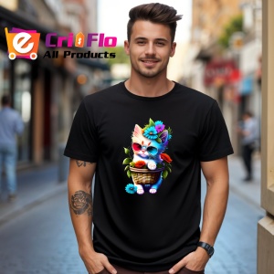 Tricou Pisicuta in cos cu ochelari de soare si flori Copii | Dama | Barbat, culoare negru - Img 6