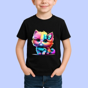 Tricou Pisicuta pufoasa cu flori si fundita imagine vesela Copii | Dama | Barbat, culoare negru