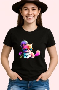 Tricou Pisicuta roz cu ochelari si coada mov pastel Copii | Dama | Barbat, culoare negru - Img 3