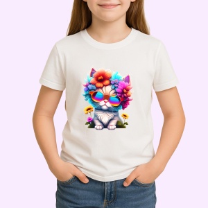 Tricou Pisicuta turcoaz cu flori si ochelari colorati Copii | Dama | Barbat - Img 4