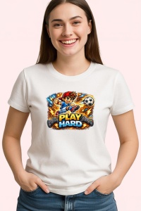 Tricou Play Hard Minge Fotbal Design Flacari V1, din bumbac 100% , tricou alb pentru Copii | Dama | Barbat - Img 3