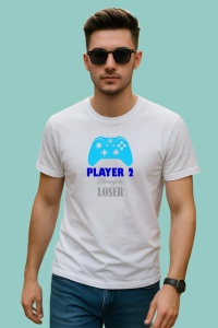 Tricou Player 2 Always Loser Controller Albastru Jocuri, din bumbac 100% , tricou alb pentru Copii | Dama | Barbat
