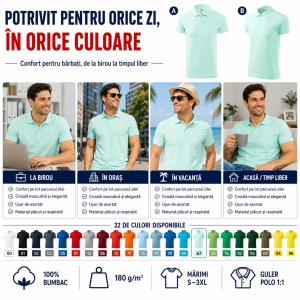 Tricou Polo Bărbat Malfini Single J. 202, 100% Bumbac, 180 g/m², Guler Polo 1:1, Finisaj cu Silicon, 22 Culori, Mărimi S–3XL - Img 6